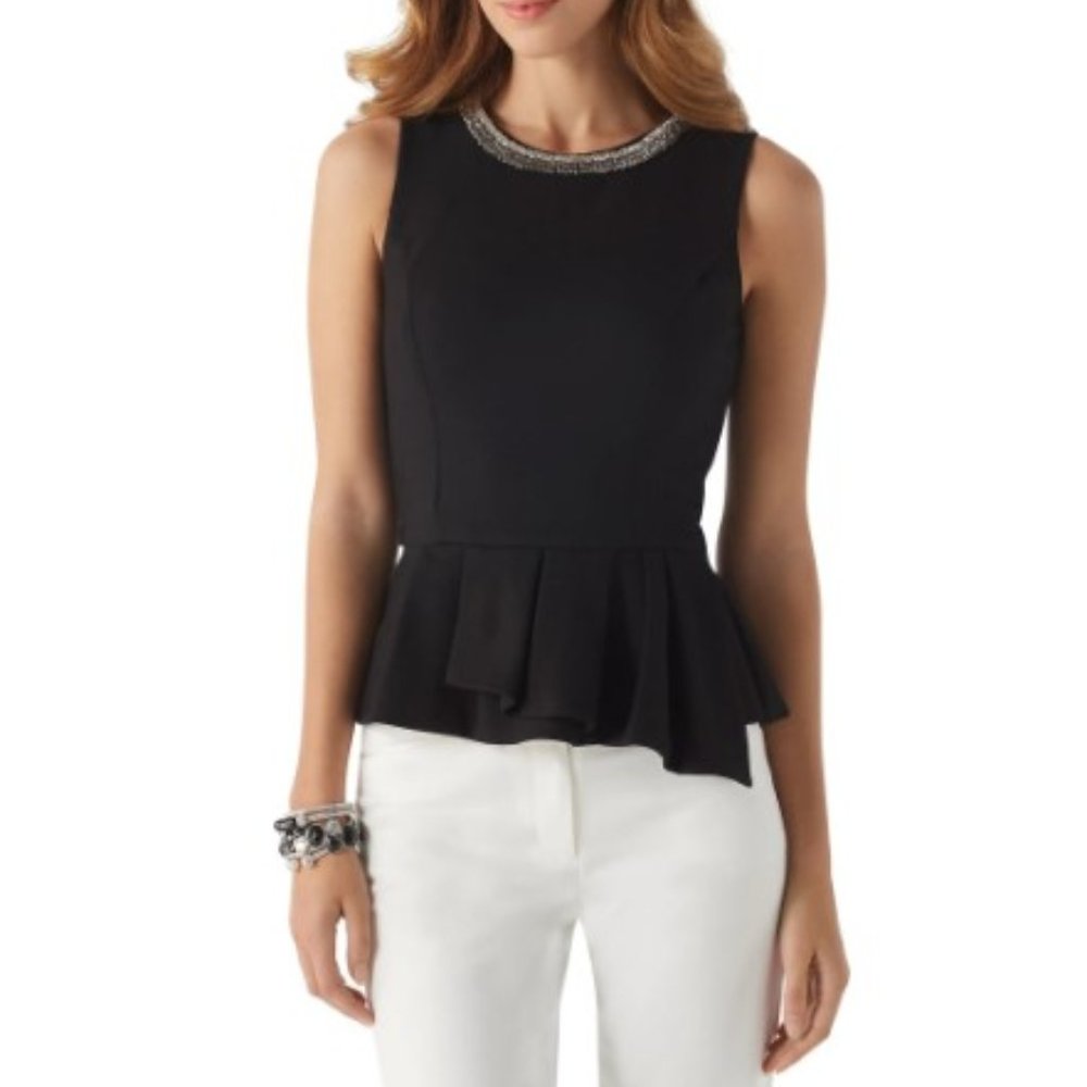 White House Black Market Ponte Peplum Top with Silver Beaded Neckline
